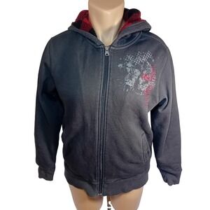 Reign Supreme Y2K Kids Boys Zip Up Hoodie Logo Plaid Fleece Lining L/G 10/12